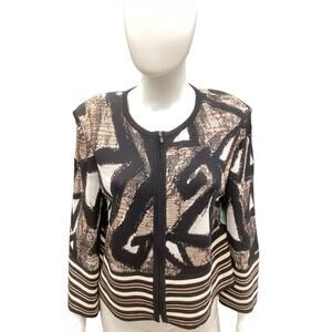 St. John Women’s Zip Up Cardigan SZ 12 Fine Knit Shoulder Pads Brown Beige Black